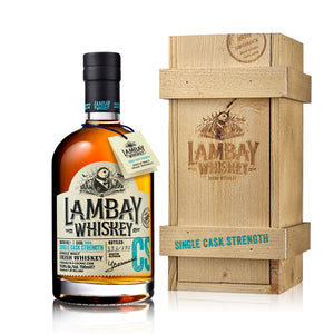 
                  
                    Charger l&amp;#39;image dans la galerie, A bottle of Lambay Single Cask Strength Whisky next to its wooden crate box packaging.
                  
                