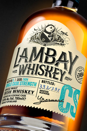 
                  
                    Charger l&amp;#39;image dans la galerie, Close up image of Lambay Single Cask Strength Whisky bottle label.
                  
                